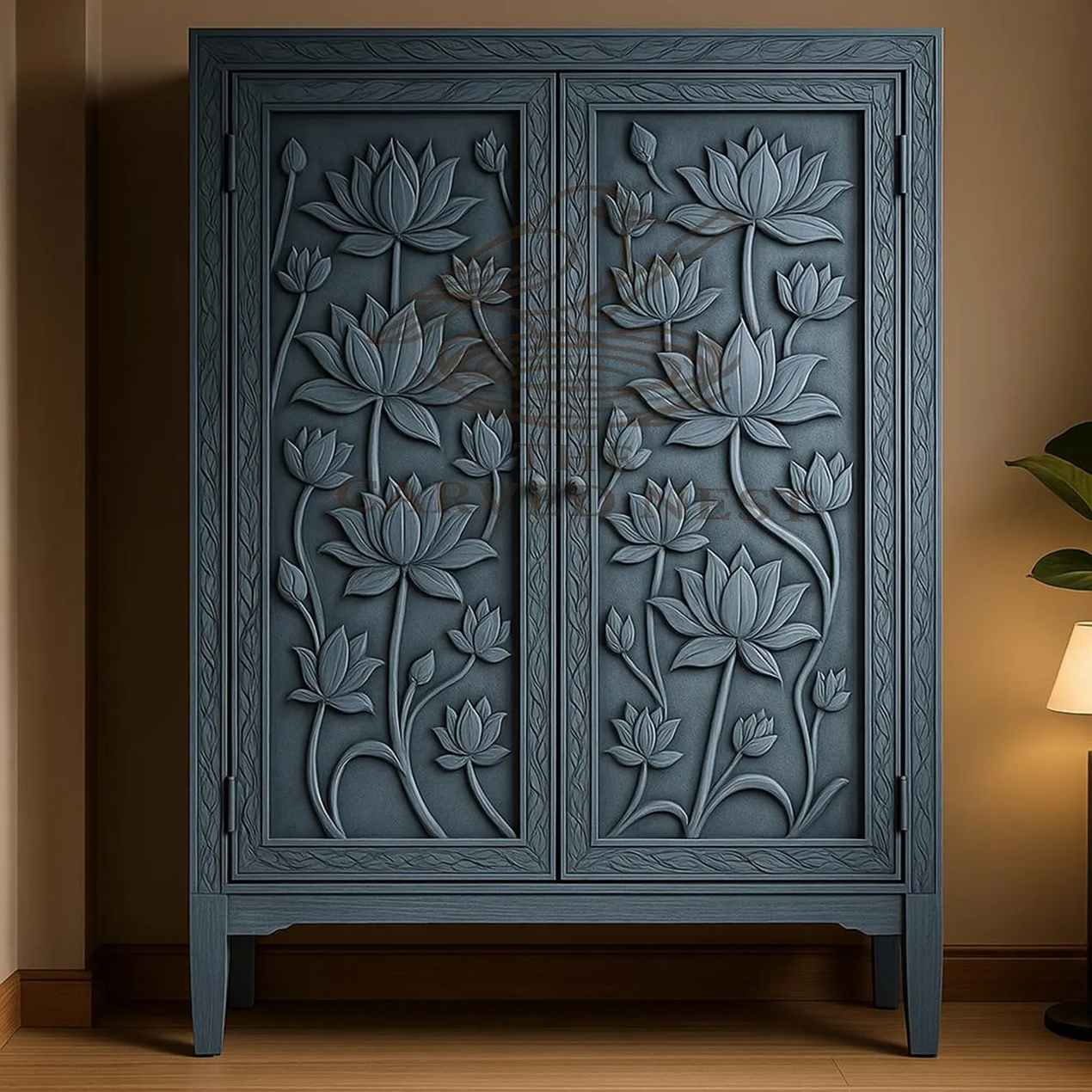Handcarved Blue Wooden Cabinet | Lotus Floral I Floral Carved Wooden Cabinet