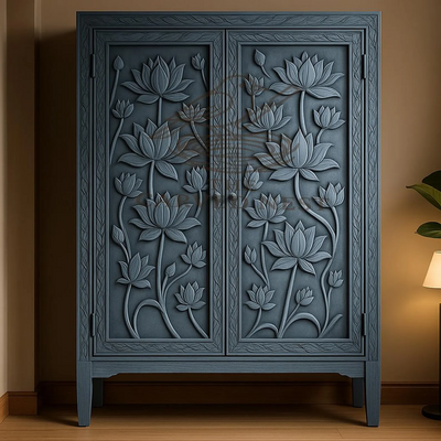 Handcarved Blue Wooden Cabinet | Lotus Floral I Floral Carved Wooden Cabinet