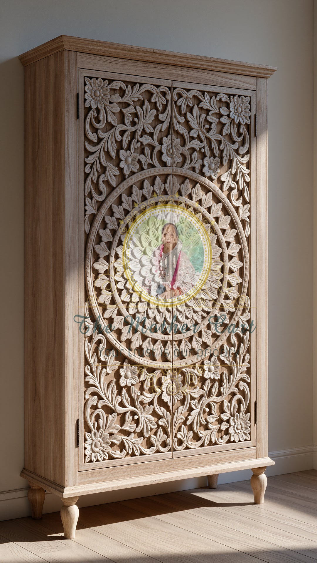 Artisan Hand Carved Wooden Wardrobe | Solid Wood Storage Cabinet | Floral Motif