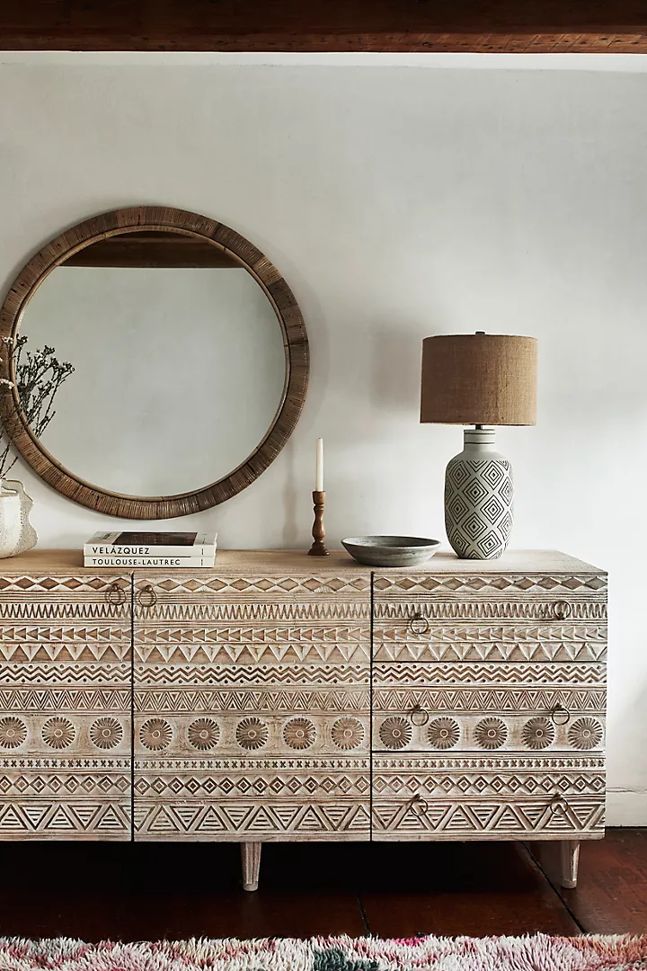 Hand-Carved Light Wood Sideboard Delhi Buffet Carving Brass Drawer Pulls – Geometric Pattern Storage Cabinet