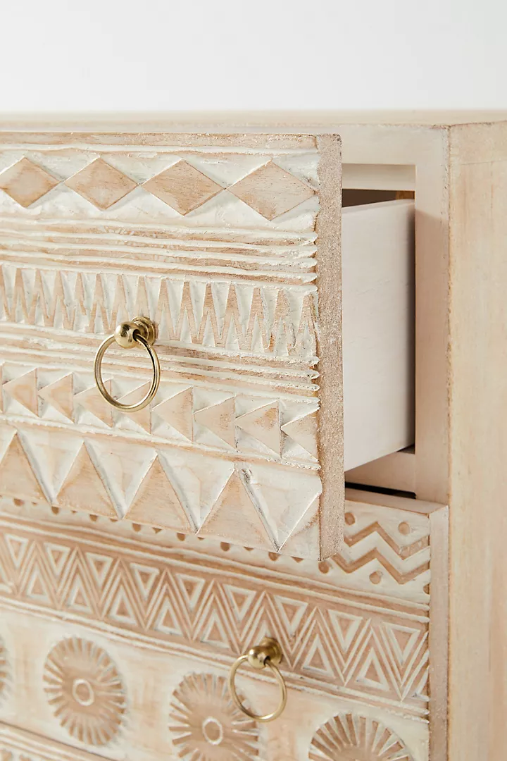 Hand-Carved Light Wood Sideboard Delhi Buffet Carving Brass Drawer Pulls – Geometric Pattern Storage Cabinet