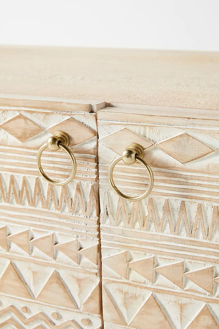 Bohemian Hand-Carved Light Wood Sideboard Delhi Buffet Carving Brass Drawer Pulls – Geometric Pattern Storage Cabinet