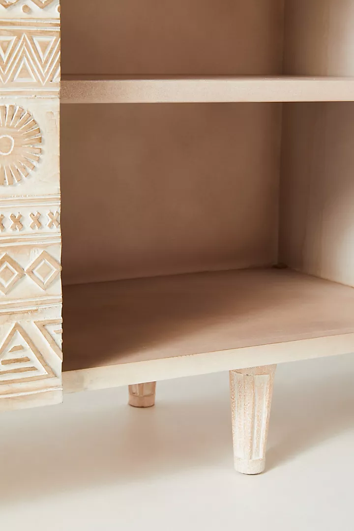 Bohemian Hand-Carved Light Wood Sideboard Delhi Buffet Carving Brass Drawer Pulls – Geometric Pattern Storage Cabinet