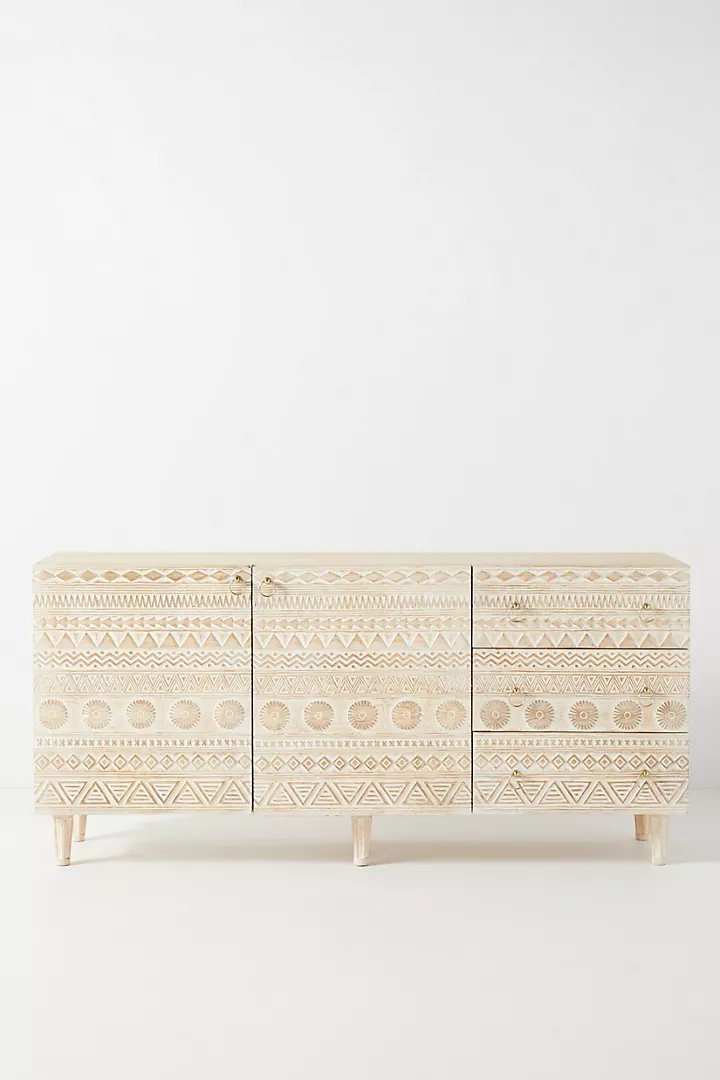Bohemian Hand-Carved Light Wood Sideboard Delhi Buffet Carving Brass Drawer Pulls – Geometric Pattern Storage Cabinet