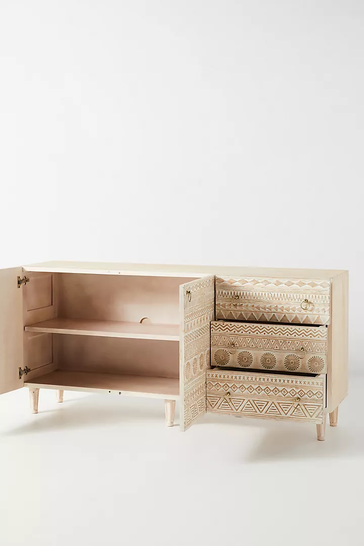 Bohemian Hand-Carved Light Wood Sideboard Delhi Buffet Carving Brass Drawer Pulls – Geometric Pattern Storage Cabinet