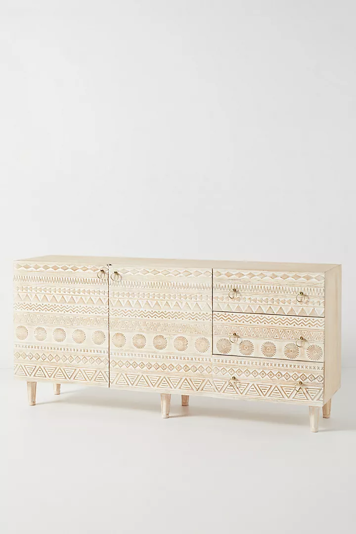 Hand-Carved Light Wood Sideboard Delhi Buffet Carving Brass Drawer Pulls – Geometric Pattern Storage Cabinet