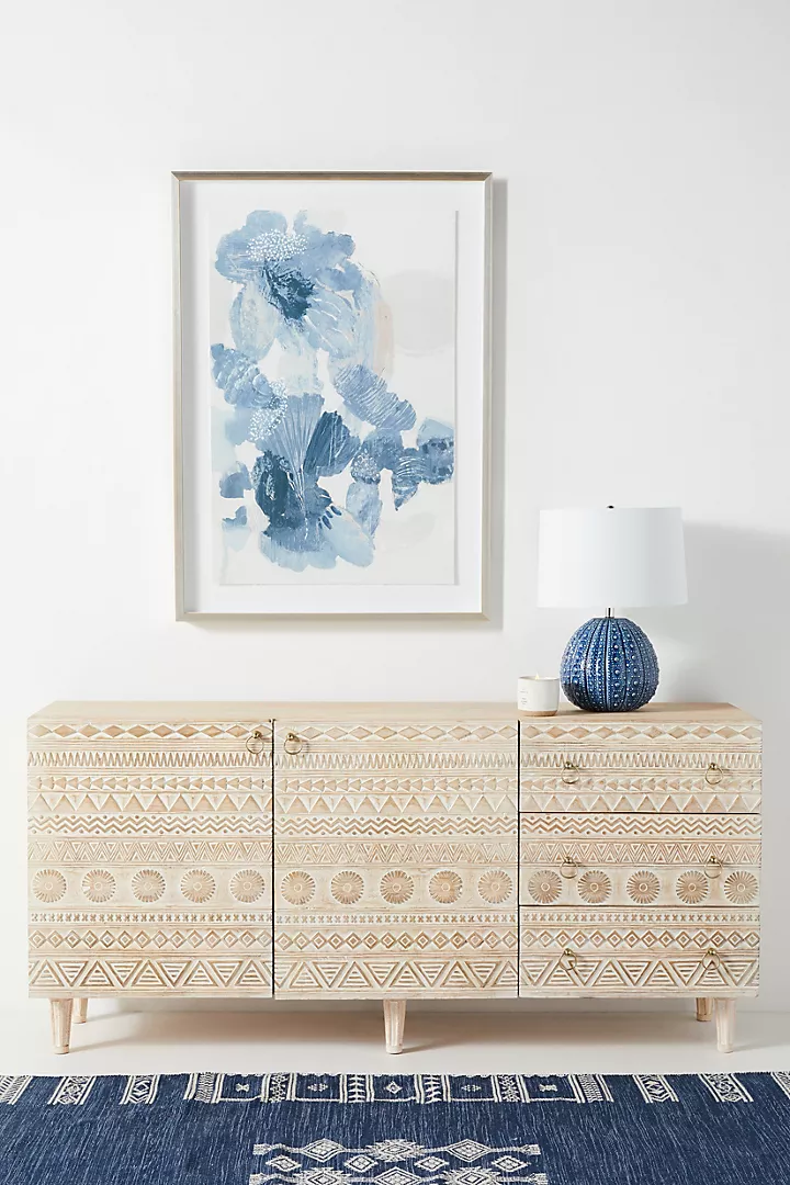 Bohemian Hand-Carved Light Wood Sideboard Delhi Buffet Carving Brass Drawer Pulls – Geometric Pattern Storage Cabinet