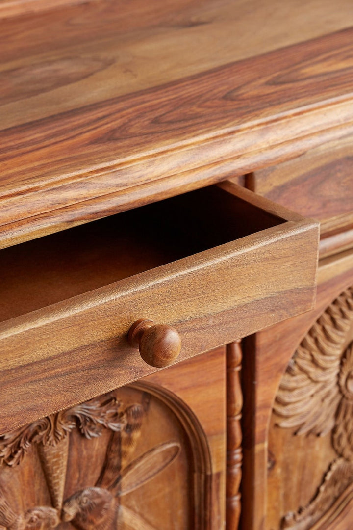 Hand-Carved Wooden Sideboard with Animal Motifs – Natural Menagerie Buffet Carving Chest Drawer Solid Wood Cabinet with Wildlife Panel Art