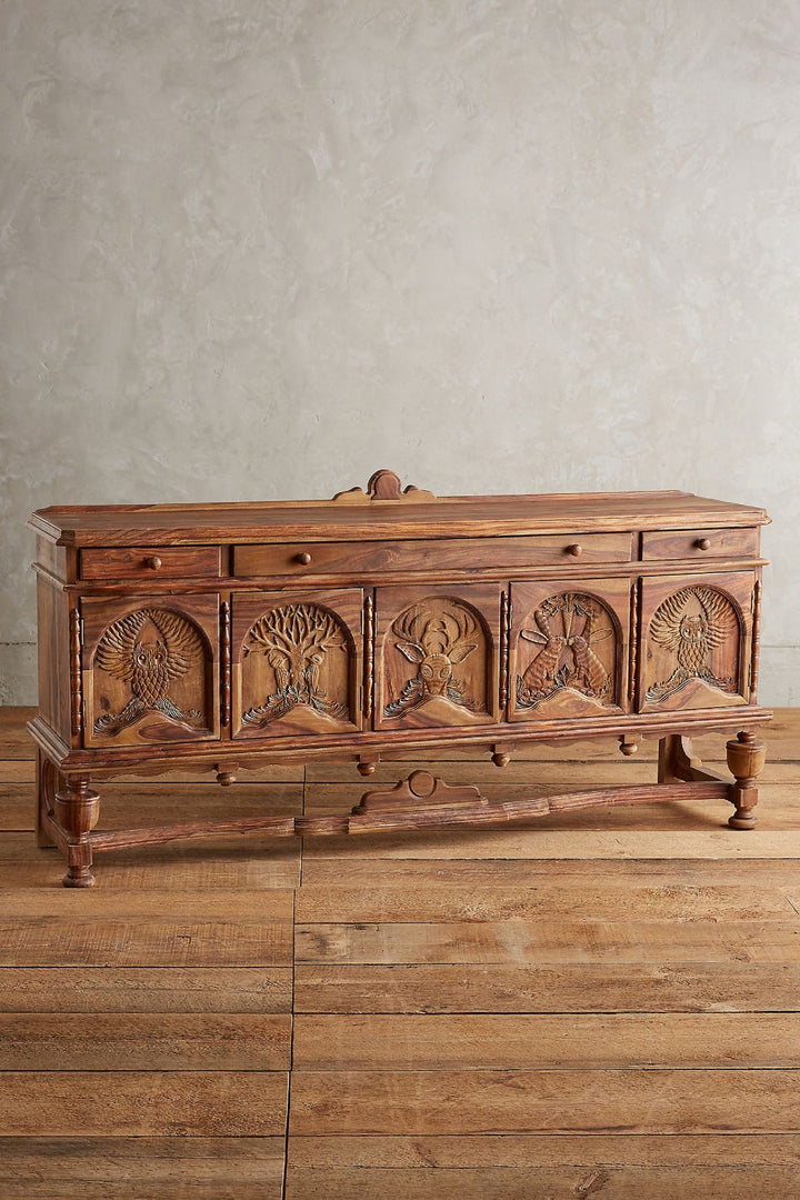 Hand-Carved Wooden Sideboard with Animal Motifs – Natural Menagerie Buffet Carving Chest Drawer Solid Wood Cabinet with Wildlife Panel Art