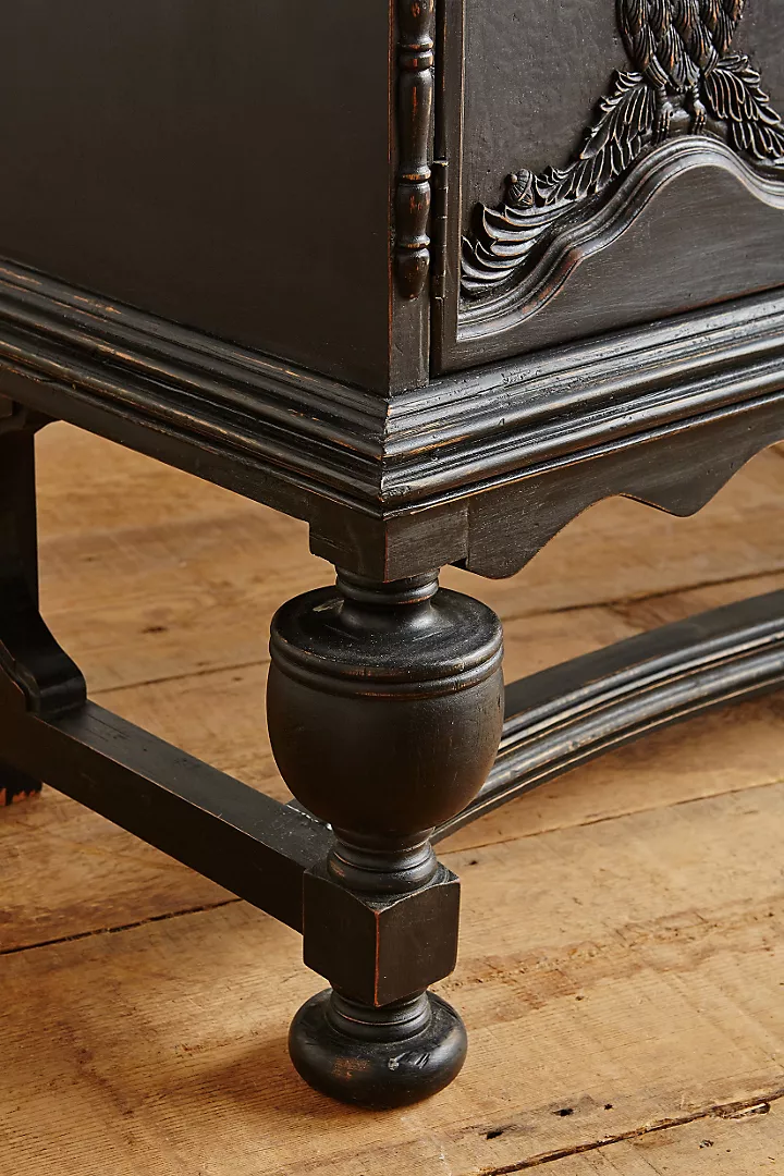 Black Hand-Carved Wooden Sideboard – Menagerie Buffet Carving Chest Drawer Wildlife Motif Solid Wood Buffet Cabinet