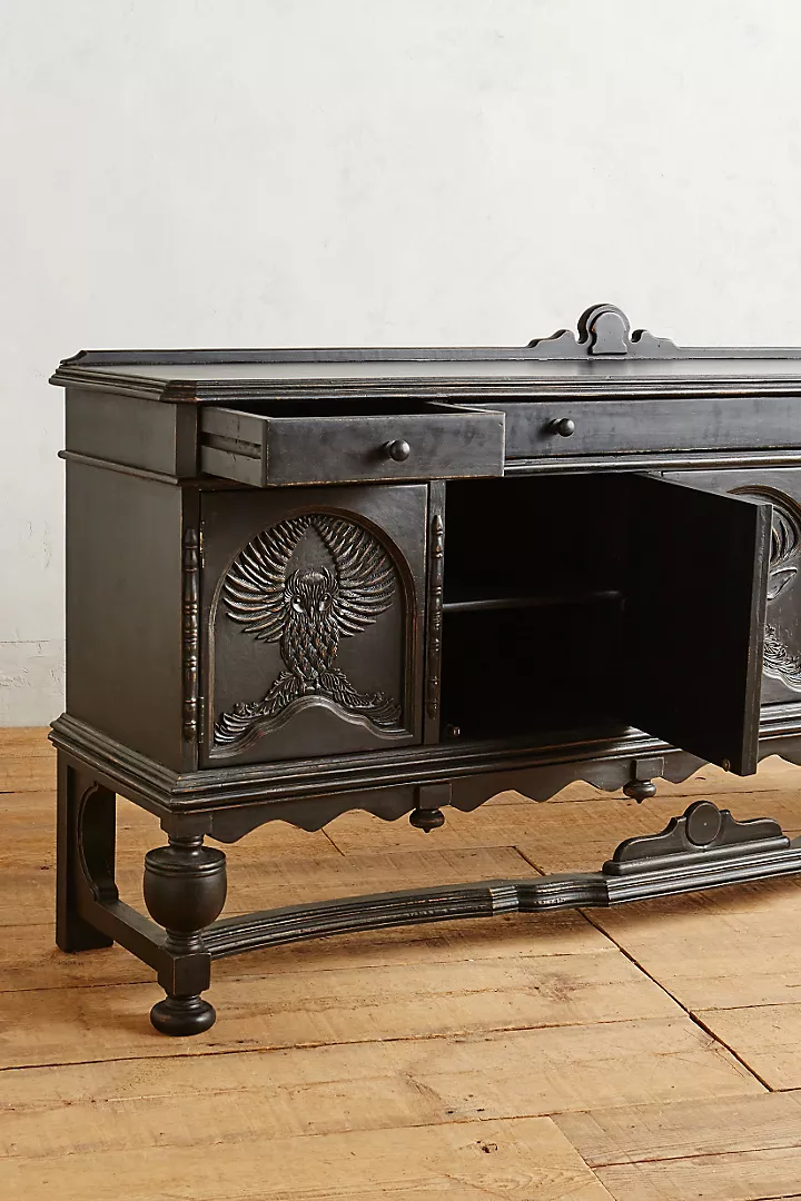 Black Hand-Carved Wooden Sideboard – Menagerie Buffet Carving Chest Drawer Wildlife Motif Solid Wood Buffet Cabinet
