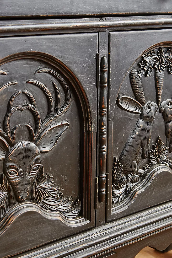 Black Hand-Carved Wooden Sideboard – Menagerie Buffet Carving Chest Drawer Wildlife Motif Solid Wood Buffet Cabinet