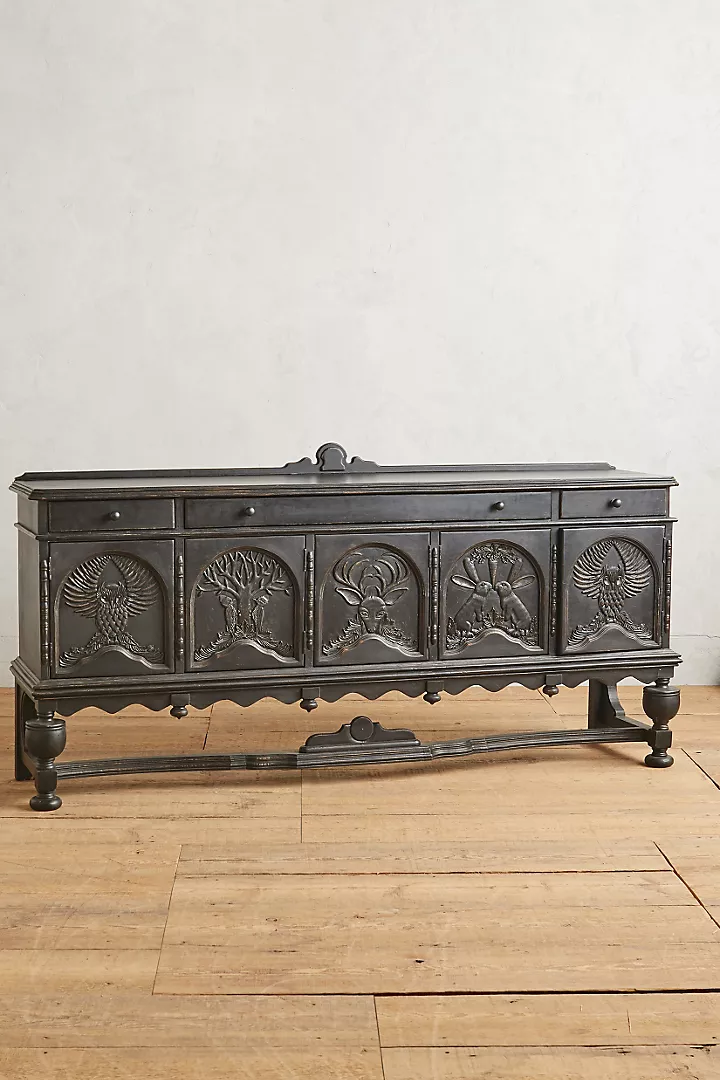 Black Hand-Carved Wooden Sideboard – Menagerie Buffet Carving Chest Drawer Wildlife Motif Solid Wood Buffet Cabinet