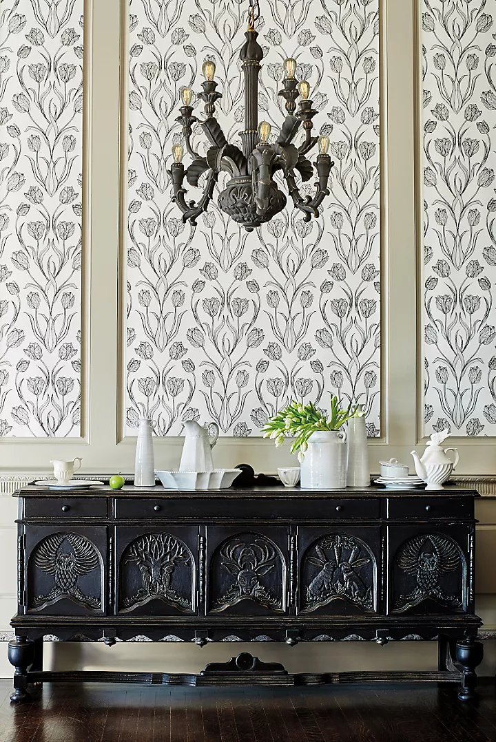 Black Hand-Carved Wooden Sideboard – Menagerie Buffet Carving Chest Drawer Wildlife Motif Solid Wood Buffet Cabinet