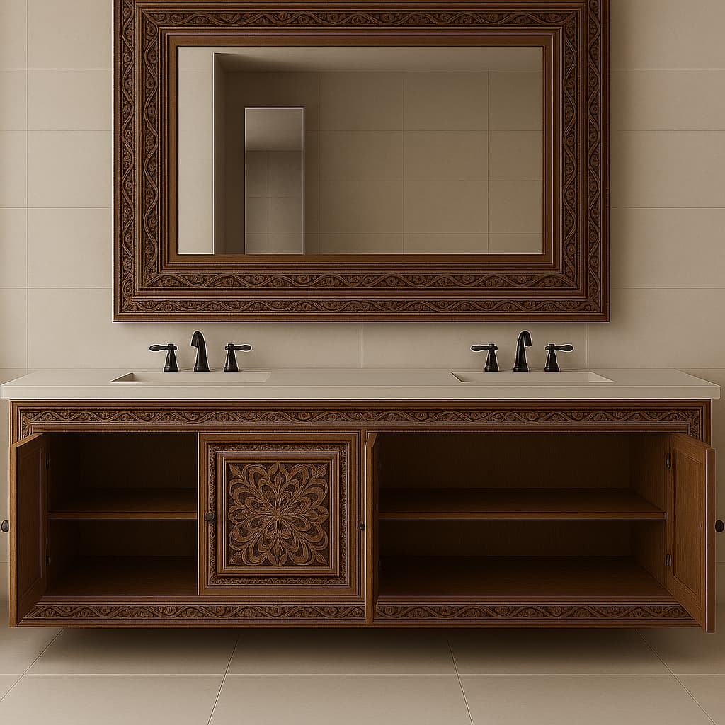 Handcrafted Wall-Mount Vanity with Intricately Carved Two Mirror Frame With Matching Stool– Solid Wood