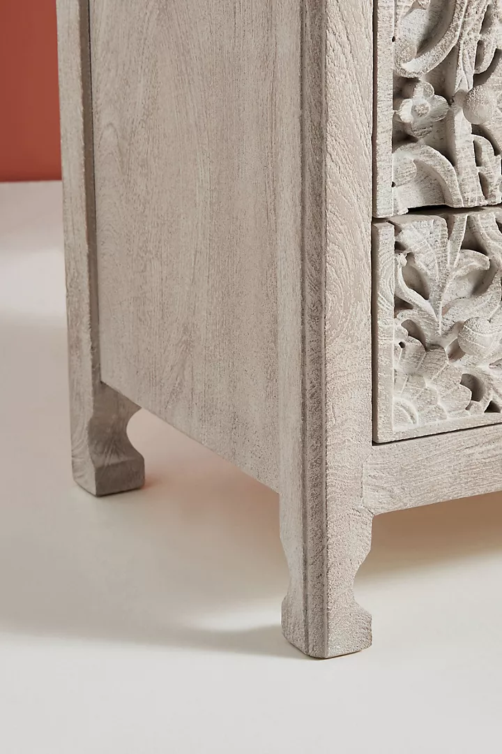 Hand-Carved Wooden Nightstand White washed – Lombok Mandala Floral 3-Drawer Bedside Table Inspired Carving Cutouts Storage Space Bedroom