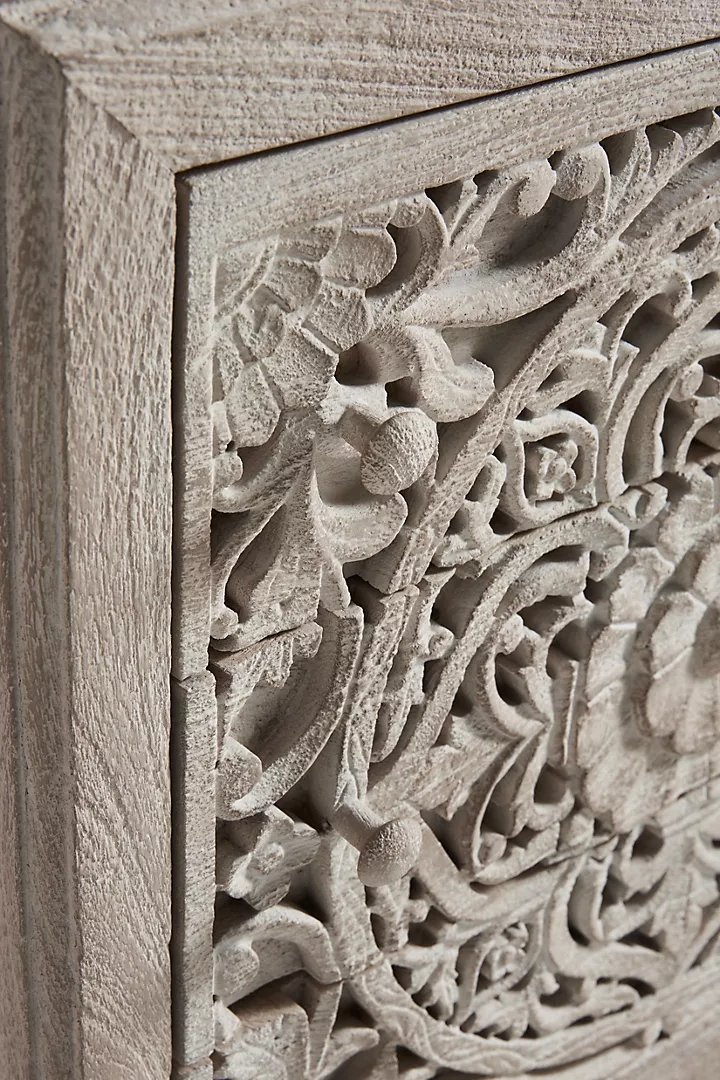 Hand-Carved Wooden Nightstand White washed – Lombok Mandala Floral 3-Drawer Bedside Table Inspired Carving Cutouts Storage Space Bedroom