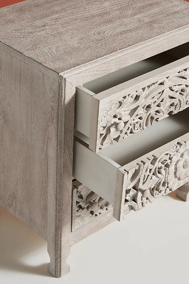 Hand-Carved Wooden Nightstand White washed – Lombok Mandala Floral 3-Drawer Bedside Table Inspired Carving Cutouts Storage Space Bedroom