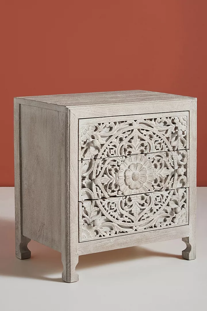 Hand-Carved Wooden Nightstand White washed – Lombok Mandala Floral 3-Drawer Bedside Table Inspired Carving Cutouts Storage Space Bedroom