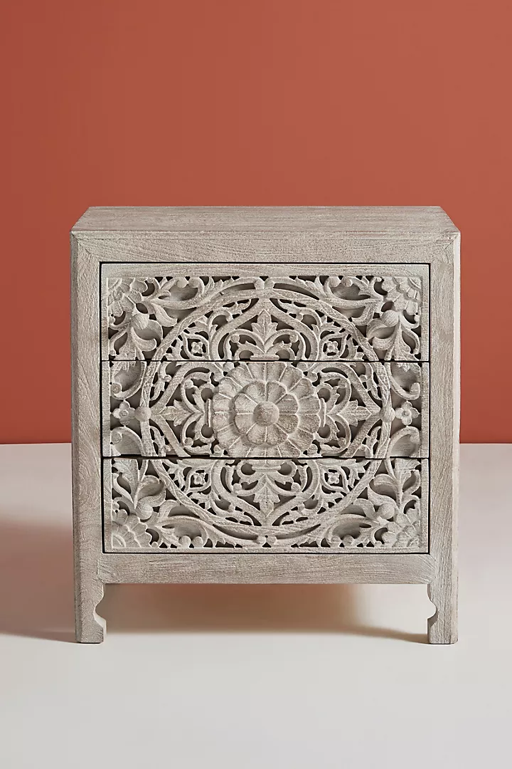 Hand-Carved Wooden Nightstand White washed – Lombok Mandala Floral 3-Drawer Bedside Table Inspired Carving Cutouts Storage Space Bedroom