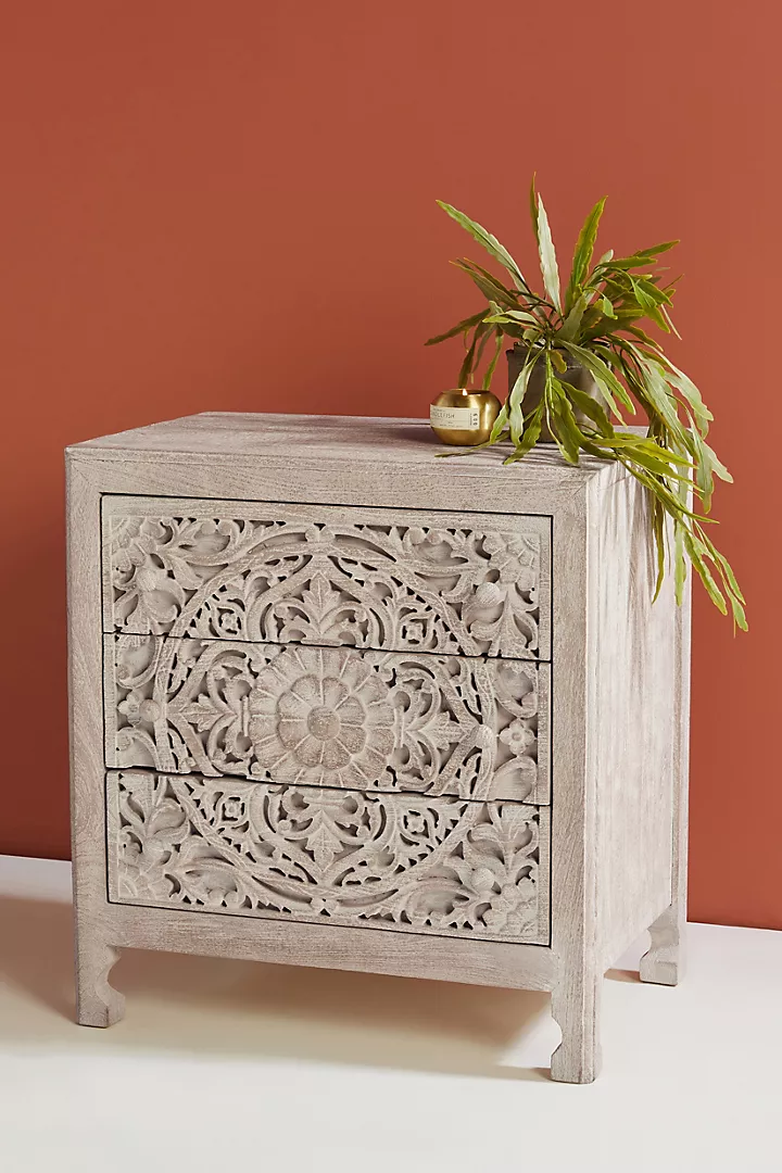 Hand-Carved Wooden Nightstand White washed – Lombok Mandala Floral 3-Drawer Bedside Table Inspired Carving Cutouts Storage Space Bedroom