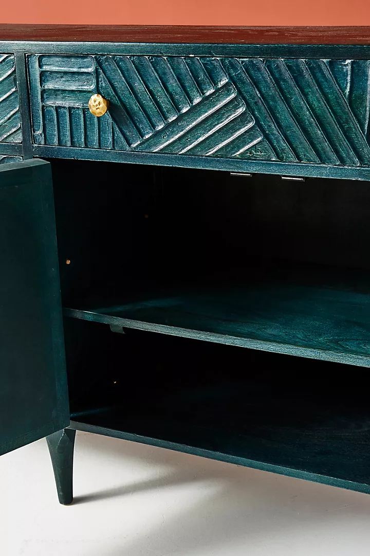 Hand-Carved Dark Indigo Wooden Sideboard – Modern Cabinet with Brass Knobs