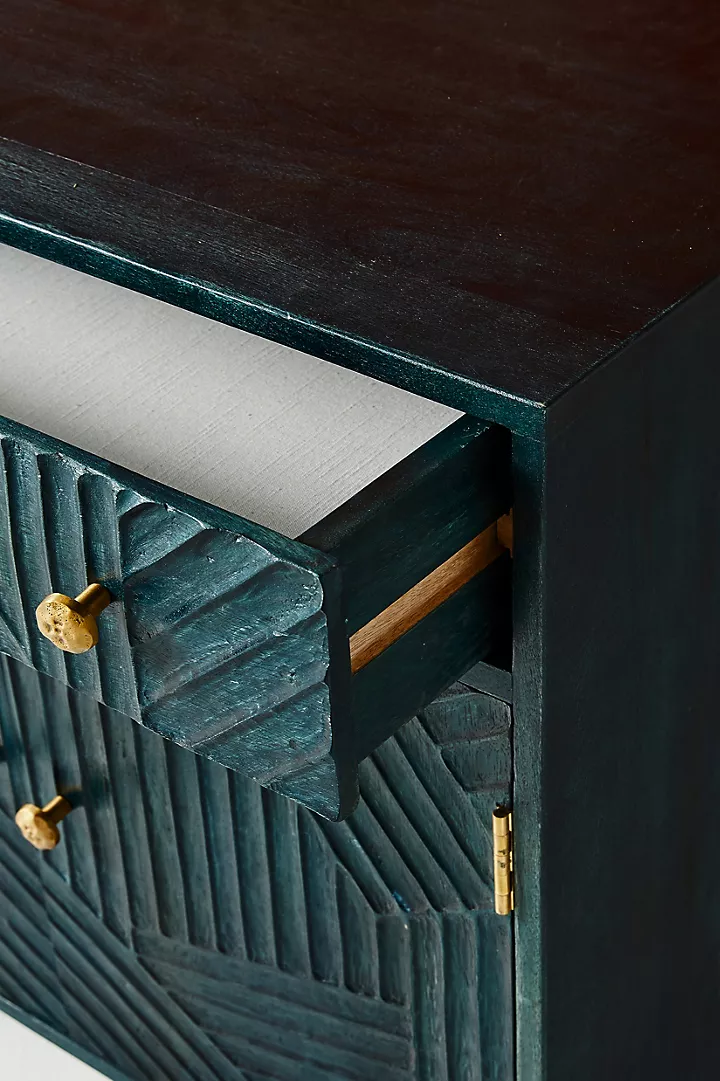 Hand-Carved Dark Indigo Wooden Sideboard – Modern Cabinet with Brass Knobs