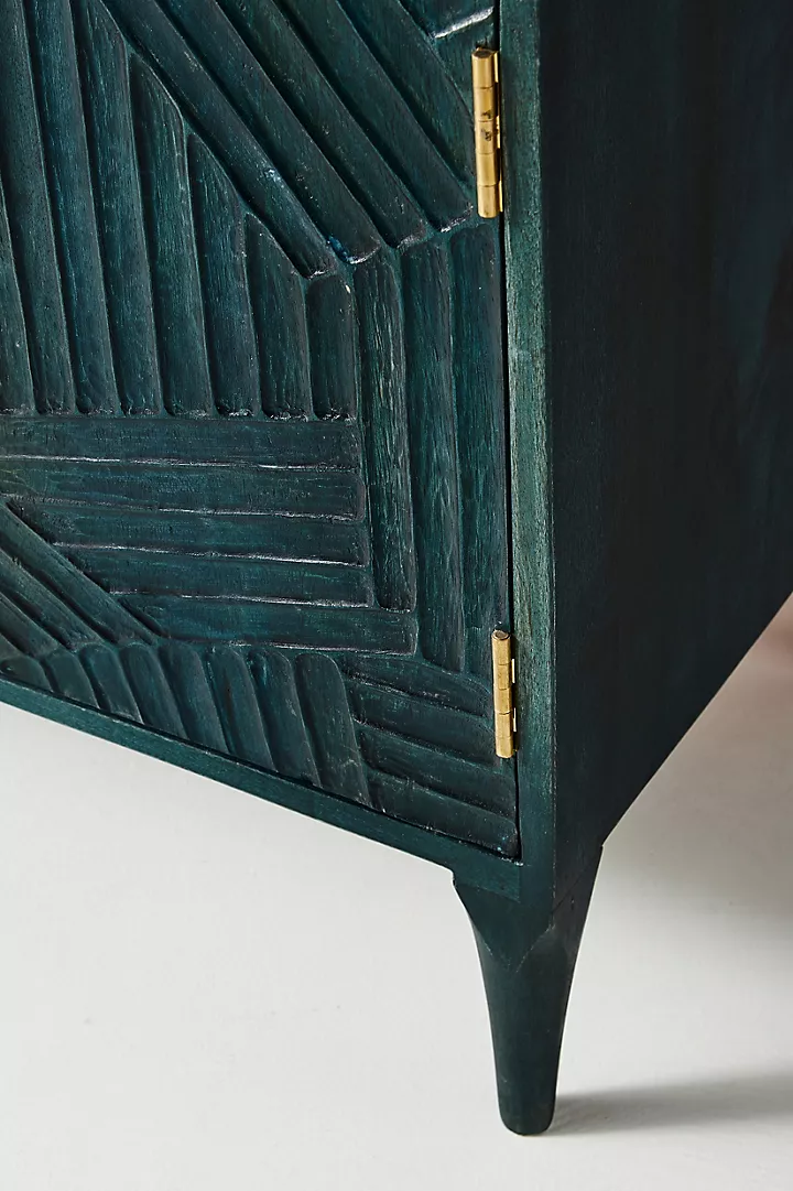 Hand-Carved Dark Indigo Wooden Sideboard – Modern Cabinet with Brass Knobs