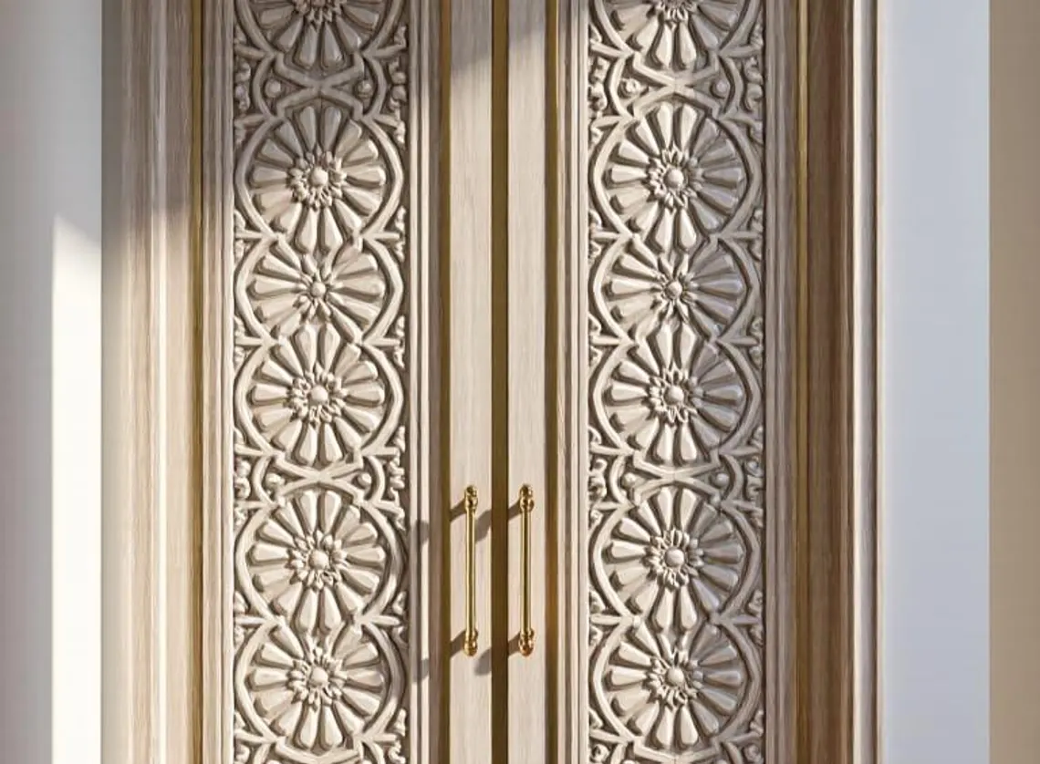 Handcarved Wooden Door | Handcrafted Cream Whitewash Finish Floral Panel Carved Interior, Single, Pocket, Barn, French, Panel,  Double, Sliding, Pocket & Temple Door Interior & Exterior, Homes, Villas & Office