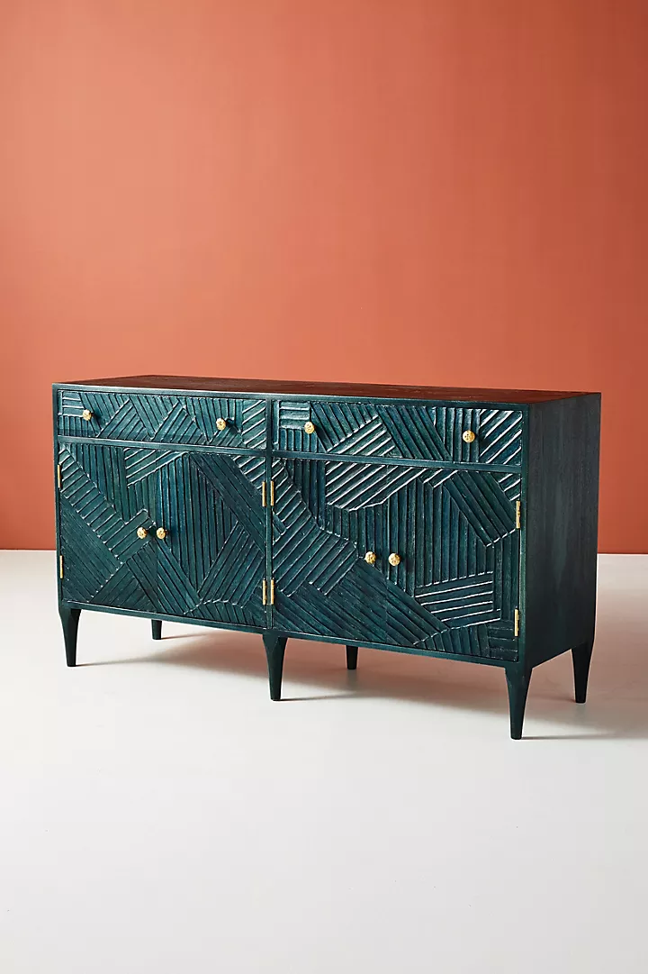 Hand-Carved Dark Indigo Wooden Sideboard – Modern Cabinet with Brass Knobs
