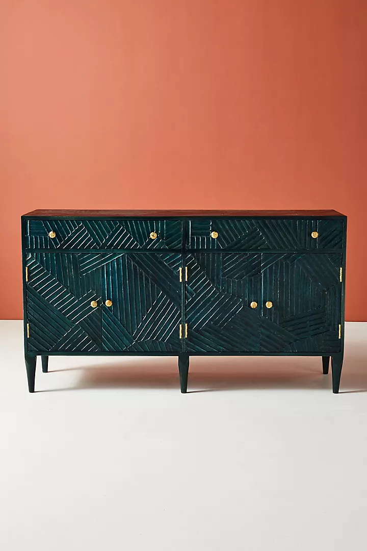 Hand-Carved Dark Indigo Wooden Sideboard – Modern Cabinet with Brass Knobs
