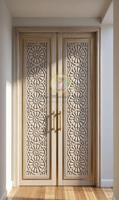 Handcarved Wooden Door | Handcrafted Cream Whitewash Finish Floral Panel Carved Interior, Single, Pocket, Barn, French, Panel,  Double, Sliding, Pocket & Temple Door Interior & Exterior, Homes, Villas & Office