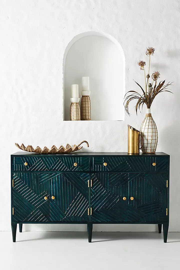Hand-Carved Dark Indigo Wooden Sideboard – Modern Cabinet with Brass Knobs