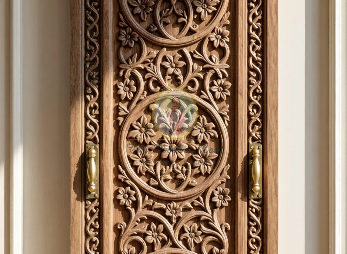 Handcarved Wooden Door | Handcrafted Elegant Floral Carvings Carved Interior, Single, Pocket, Barn, French, Panel,  Double, Sliding, Pocket & Temple Door Interior & Exterior, Homes, Villas & Office