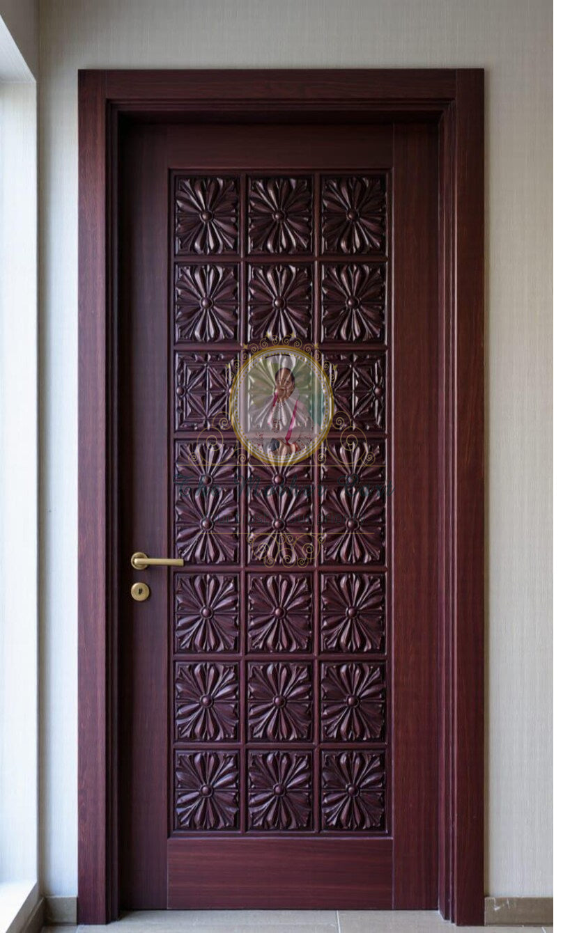 Handcarved Wooden Door | Handcrafted Circular Floral Motifs Carvings Carved Interior, Single, Pocket, Barn, French, Panel,  Double, Sliding, Pocket & Temple Door Interior & Exterior, Homes, Villas & Office