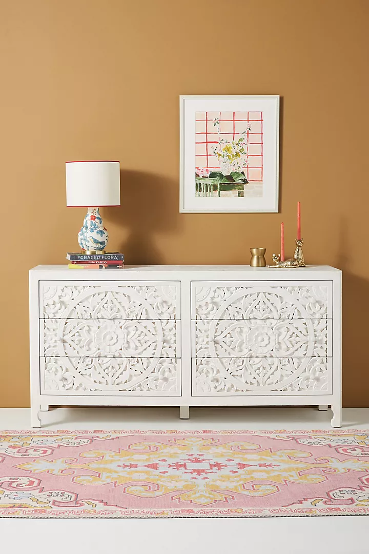 Hand carved Lombok Six-Drawer Dresser Filigree-inspired Cutouts Carving Sideboard Beautifully Furniture