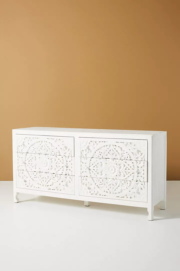 Hand carved Lombok Six-Drawer Dresser Filigree-inspired Cutouts Carving Sideboard Beautifully Furniture
