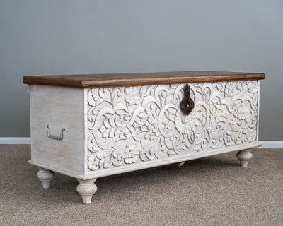 Handcarved Mango Wooden Storage Trunk Blanket White Box