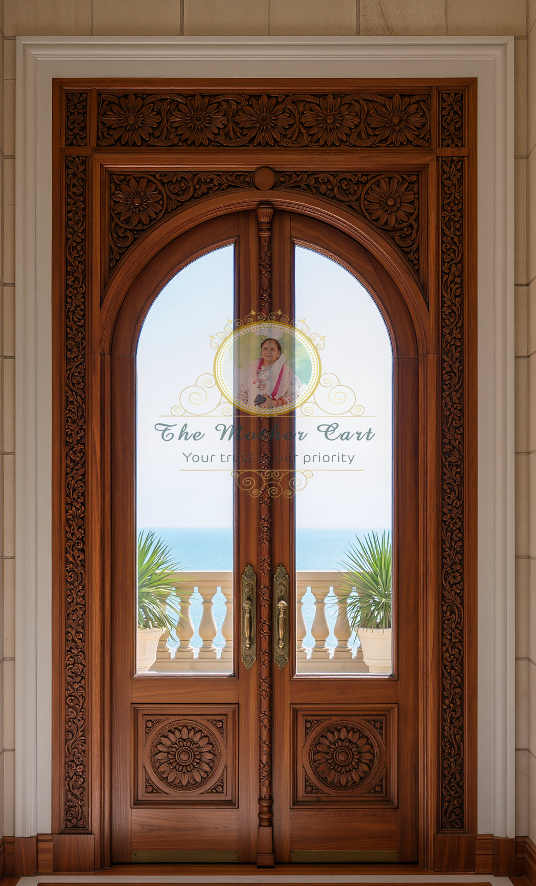 Hand Carved Arched Wooden Double Door with Floral Border Frame | Luxury Glass Entry Door | Custom Main Entrance Door | Solid Wood Traditional Design