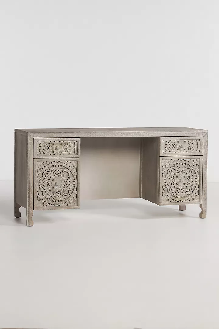 Handcarved Lombok Executive Desk Carving White-washed Furniture