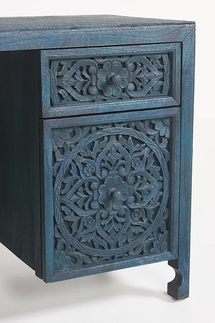 Handcarved Lombok Executive Desk Carving Indigo Blue Furniture