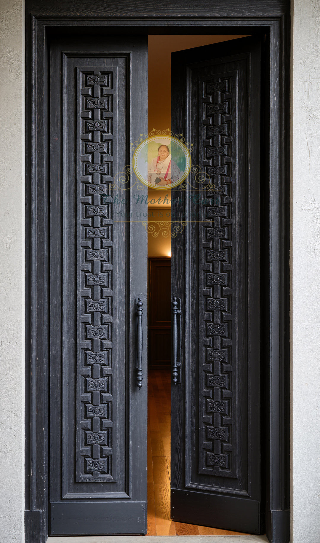 Black Hand-Carved Double Door | Modern Geometric Panel Design | Solid Wood Interior/Entry Door | Luxury Minimal Rustic Style | Custom Size &amp; Finish