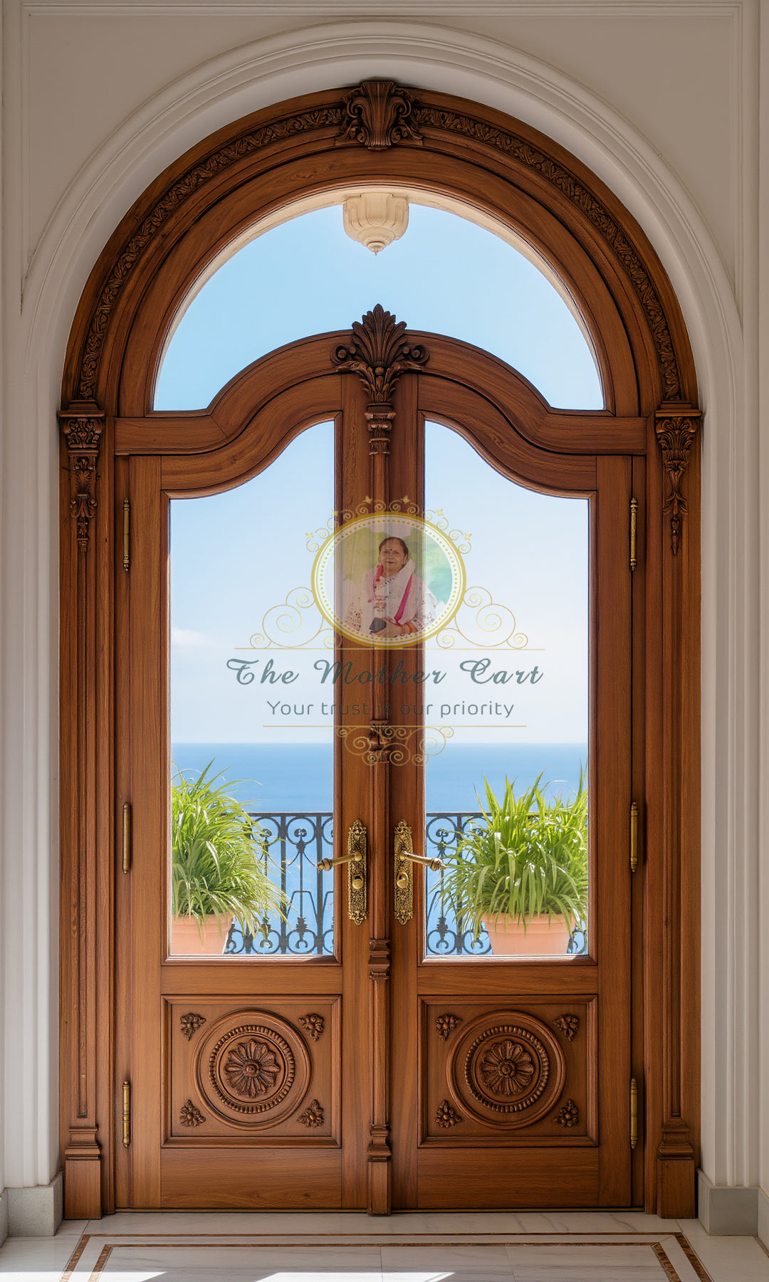 Hand Carved Arched Wooden Double Door with Glass | Luxury Main Entrance Door | Classic European Style Entryway | Solid Wood Custom Door Design