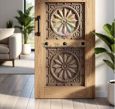 Handcarved Wooden Door | Handcrafted Intricate Geometric Floral Carving – Rustic Interior, Single, Pocket, Barn, French, Panel,  Double, Sliding, Pocket & Temple Door Interior & Exterior, Homes, Villas & Office