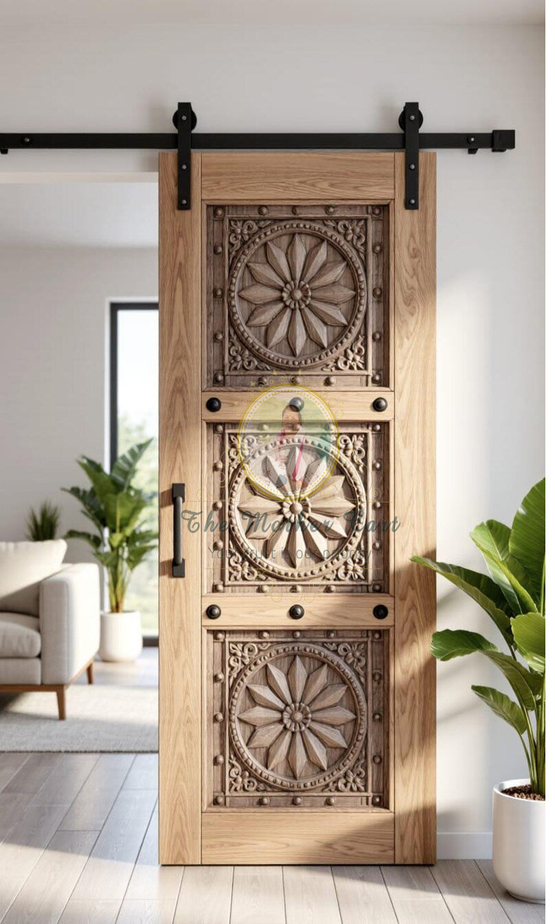 Handcarved Wooden Door | Handcrafted Intricate Geometric Floral Carving – Rustic Interior, Single, Pocket, Barn, French, Panel,  Double, Sliding, Pocket & Temple Door Interior & Exterior, Homes, Villas & Office
