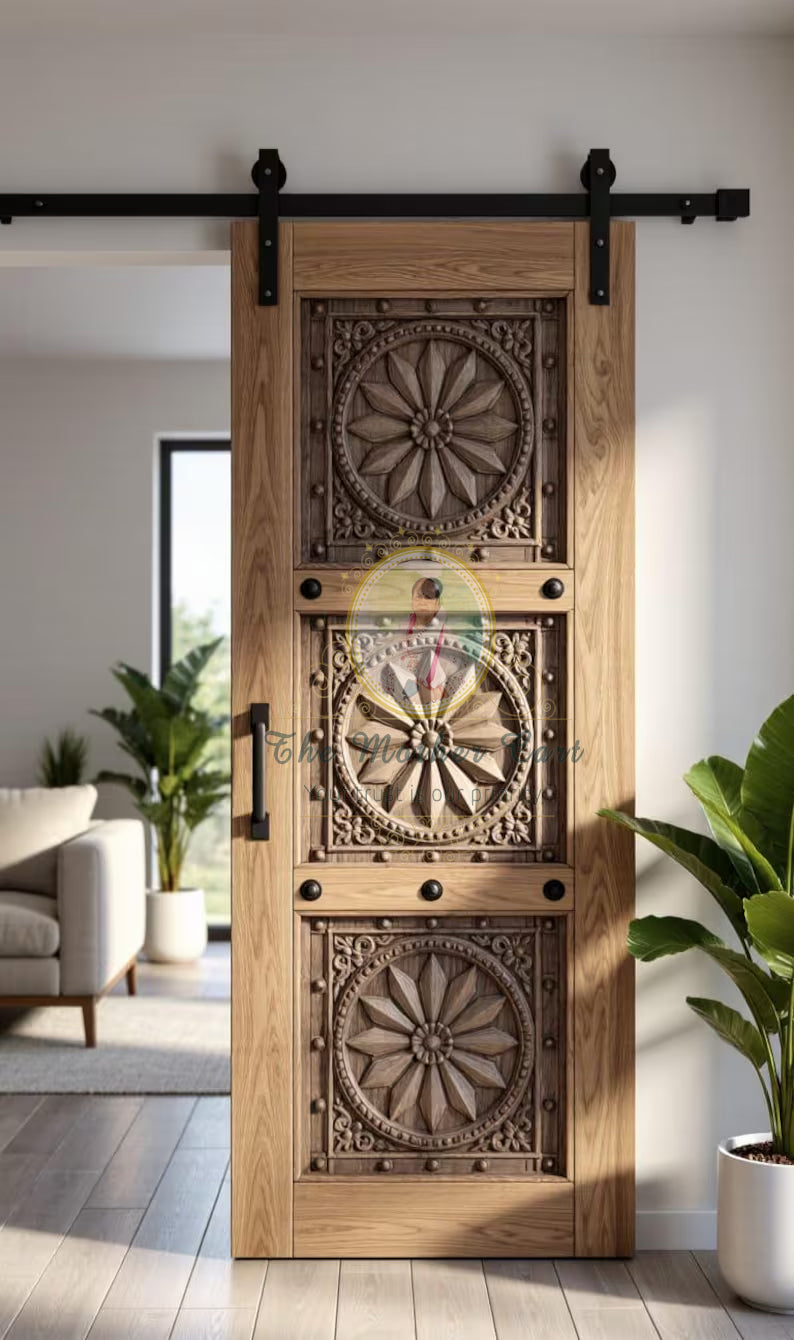 Handcarved Wooden Door | Handcrafted Intricate Geometric Floral Carving – Rustic Interior, Single, Pocket, Barn, French, Panel,  Double, Sliding, Pocket & Temple Door Interior & Exterior, Homes, Villas & Office