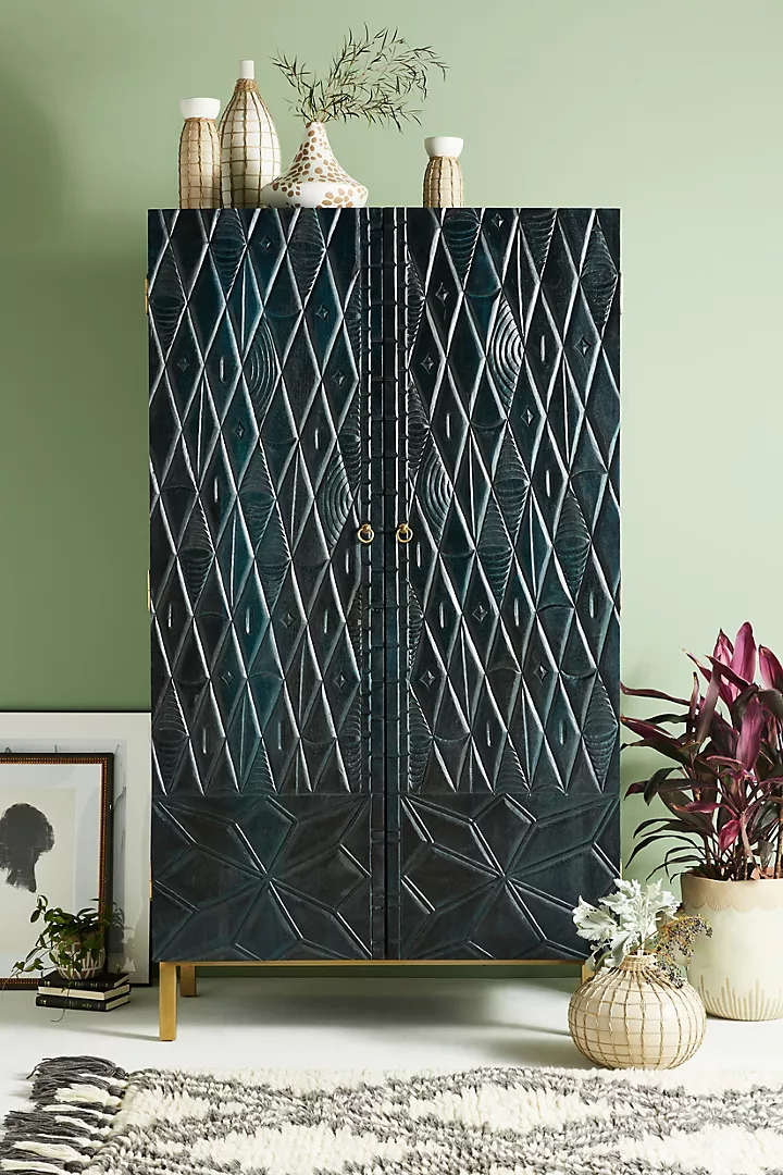 Hand-Carved Black Geometric Wooden Armoire – Bold Modern Storage Cabinet with Brass Accents