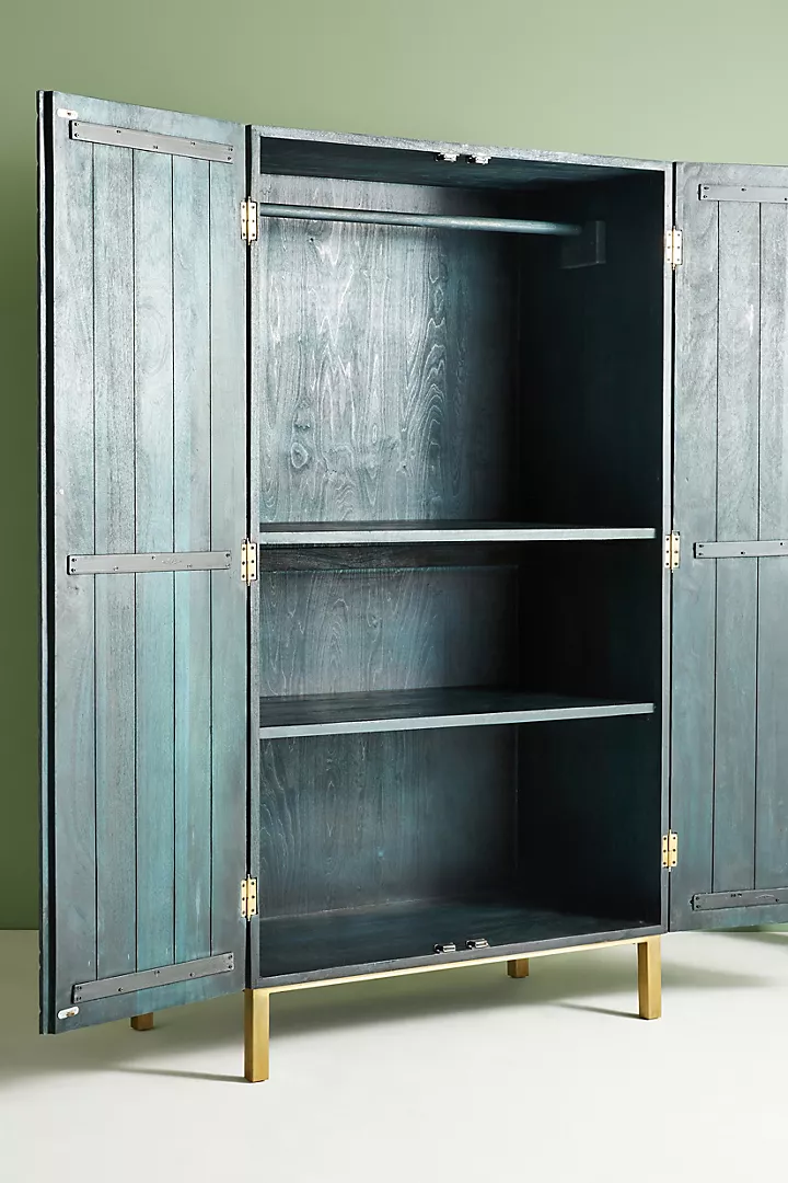Hand-Carved Black Geometric Wooden Armoire – Bold Modern Storage Cabinet with Brass Accents