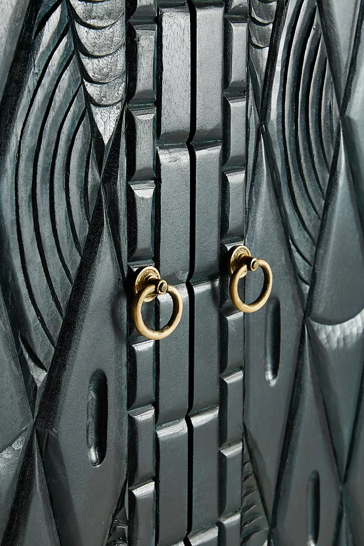 Hand-Carved Black Geometric Wooden Armoire – Bold Modern Storage Cabinet with Brass Accents