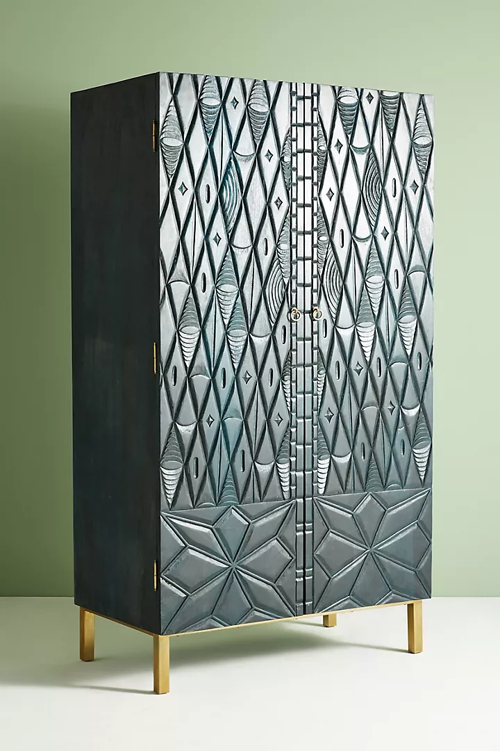 Hand-Carved Black Geometric Wooden Armoire – Bold Modern Storage Cabinet with Brass Accents